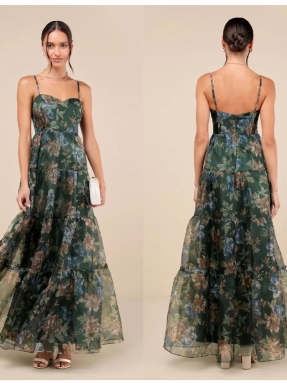 NWT Lulus Exclusive Glamour Green Floral Organza Tiered Maxi Dress M